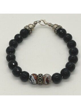 Faceted Black Glass Beaded Bracelet Silver-Tone Accents Crystal Stone Boho